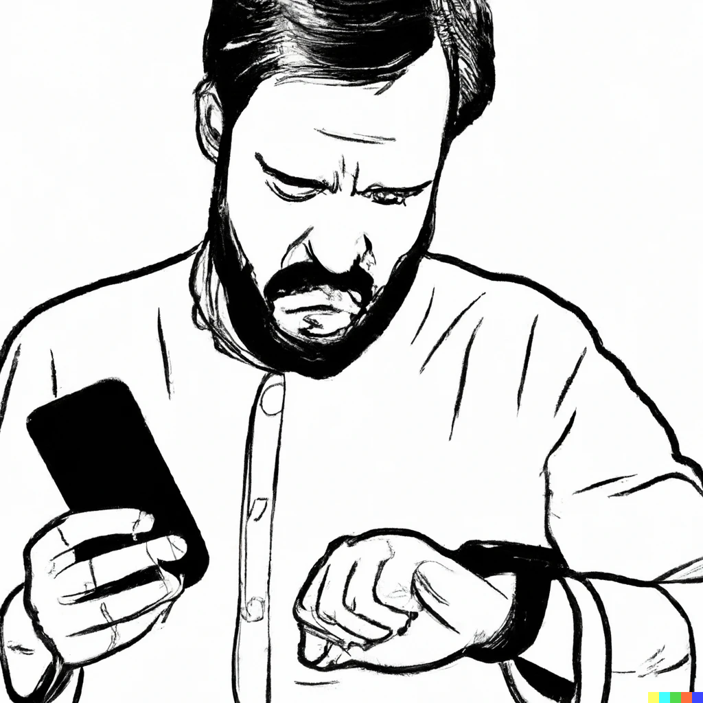 Ein Mann, der frustriert auf seine Apple Watch und sein iPhone schaut.