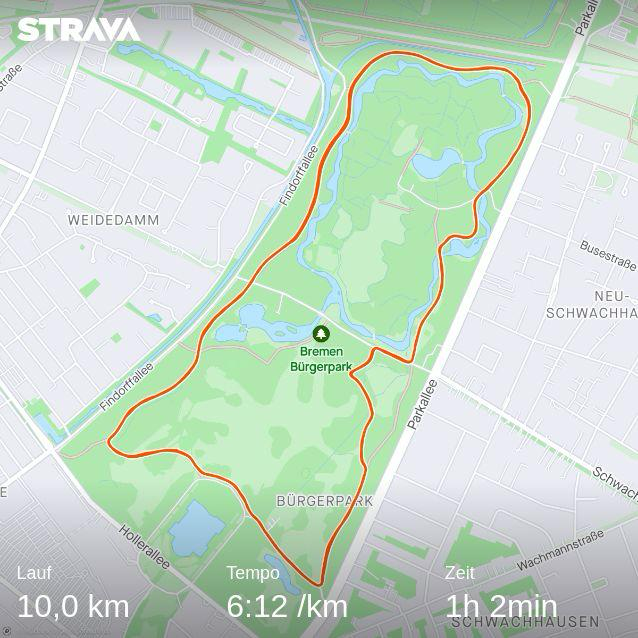 Strava Karte, die einen Wettkampf um den Bürgerpark in Bremen zeigt. Der Lauf war 10km mit einem Tempo von 6:12/km