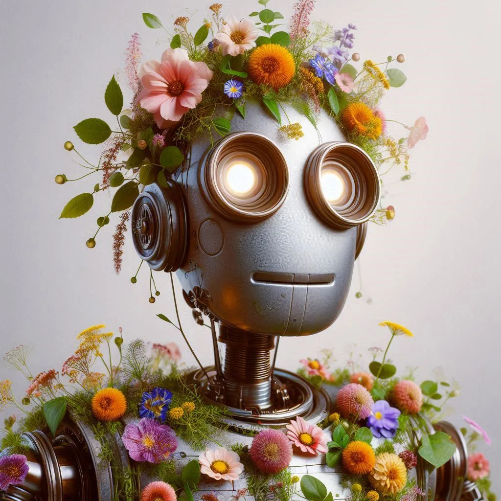 Ein fröhlicher Roboter mit großen, leuchtenden Augen und einem freundlichen Lächeln trägt eine bunte Blumenkette auf dem Kopf. Der Hintergrund ist hell und fröhlich.